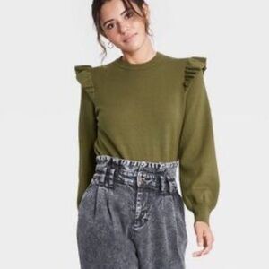 Who What Wear Olive Green Fitted Ruffled Sleeve Crew Neck Sweater size small